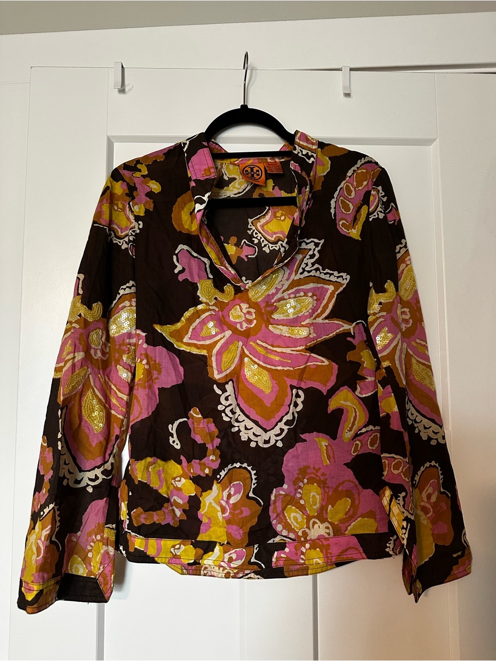 Tory Burch Brown Floral Cotton Tunic with Pink Yellow Flowers and Clear Sequins
